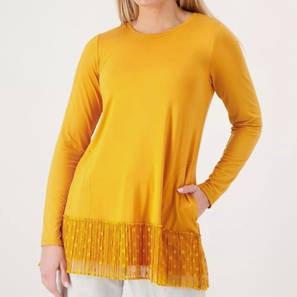 LOGO by Lori Goldstein Tunic Womens XL Nugget Gold Rayon Top Broomstick Mesh Hem
